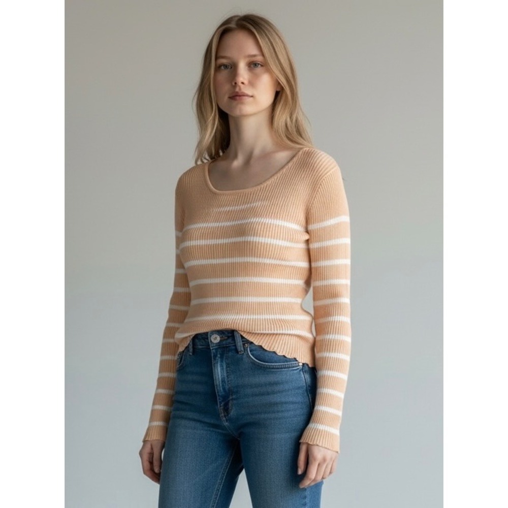 Striped Ribbed Knit XL‎ Scoop Neck Top Apricot White Core Sweater